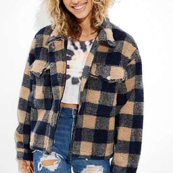 NWT American Eagle Checkered Zip-Up Sherpa Shacket - Picture 1 of 11